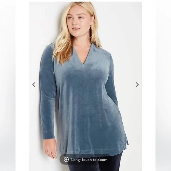 Pure Jill Womens Plus 2X Dusty Blue V Neck Long Sleeve Velour Velvet Tunic Top - Picture 1 of 12